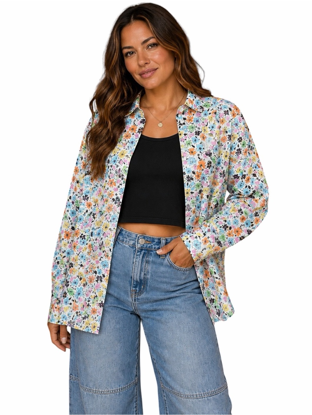 Vintage All Hours Large White Multicolor Floral Print Button Front Shirt